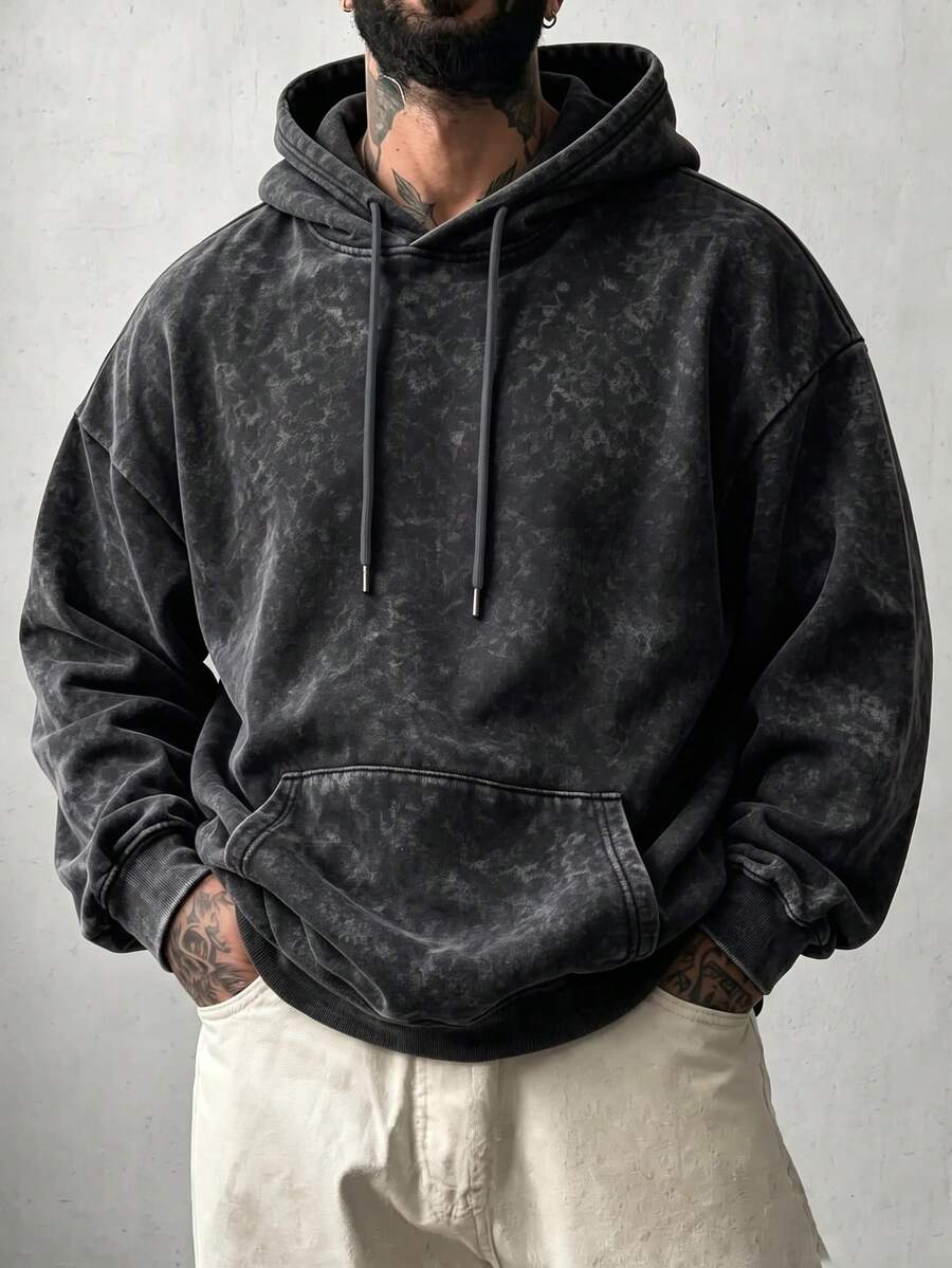 Herr hoodie sweatshirt med tryck och tvättad finish för höst/vinter - Mörkgrå - Visa 1
