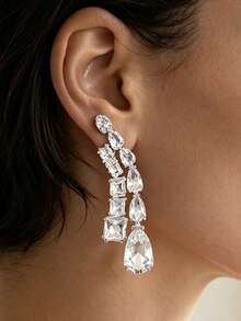 Swarovski 1 Pair Silver Teardrop & Square Glass Rhinestone Tassel Long Pendant Earrings, Exaggerated Style Jewelry For Women Wedding Party - Silver - View 3