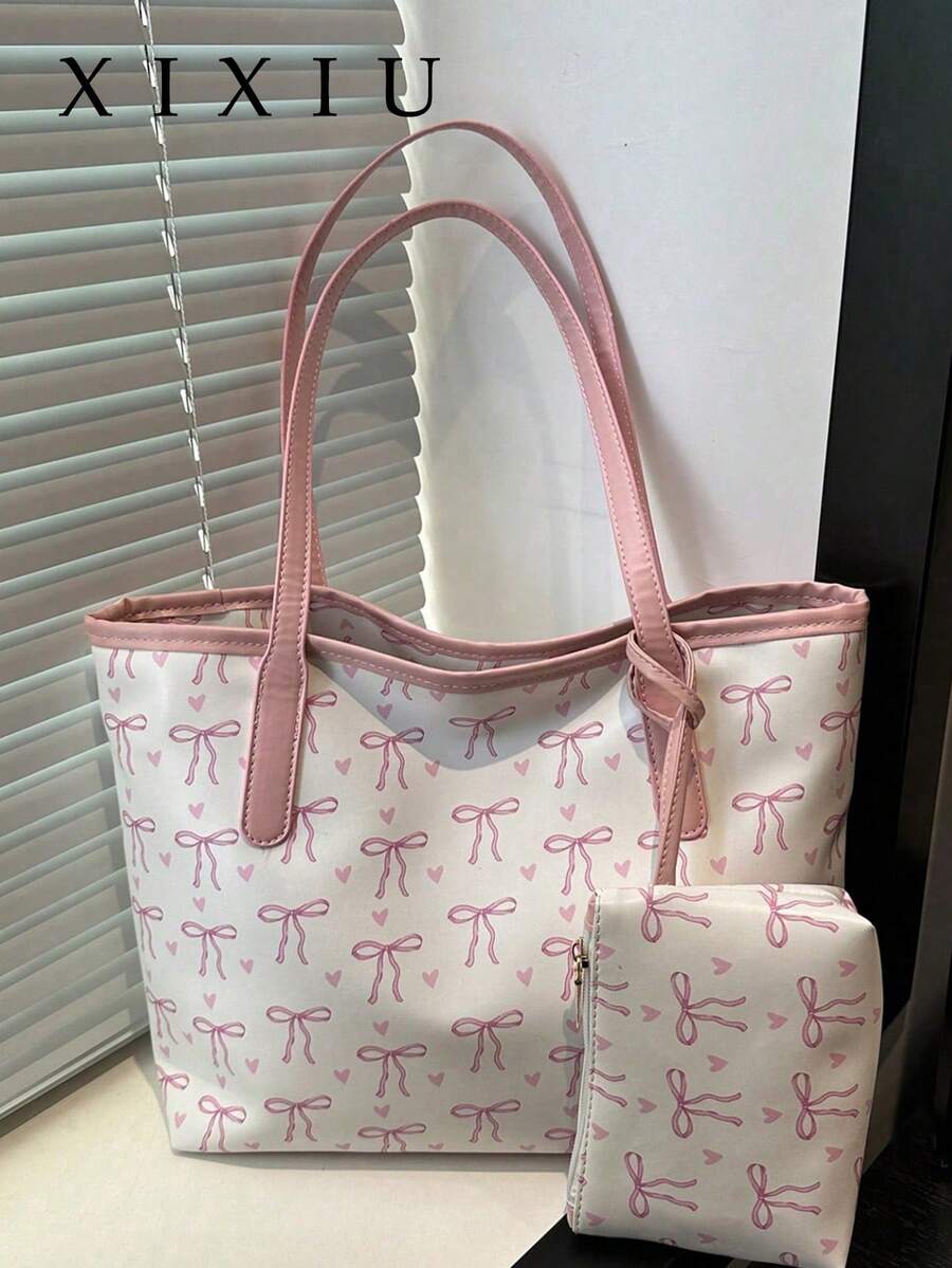 1pc Fashion Contrast Color Bow Print Shoulder Bag, Minimalist Lightweight, Multi-Pocket Design, Large Capacity, With Laptop Compartment - White - View 1