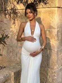Bump Style Women's White High Elasticity Halter Neck Maxi Dress: Ruched Waist Formal Gown, Suitable For Baby Shower, Wedding Guest And Maternity Photoshoot - White - View 1