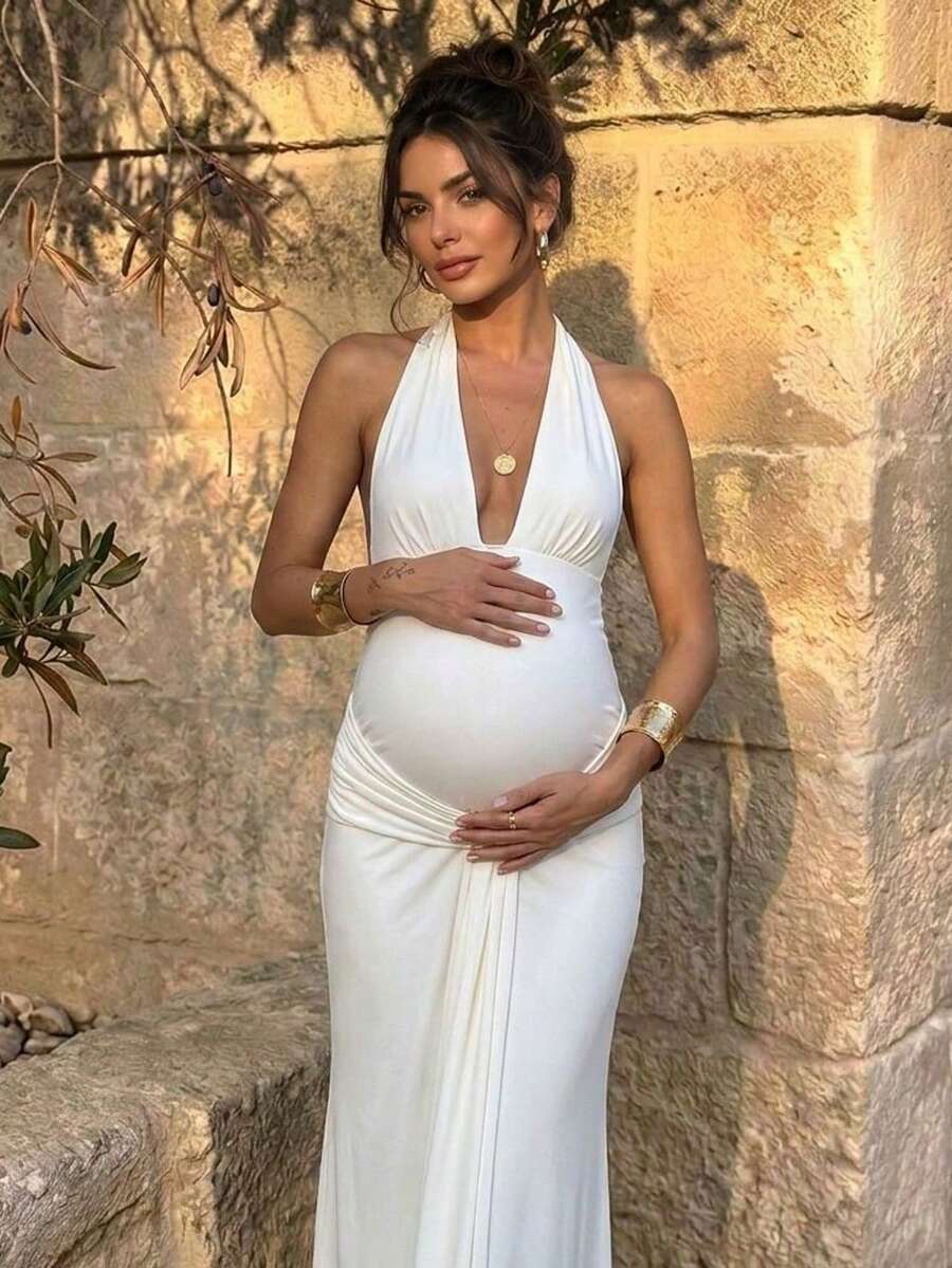 Bump Style Women's White High Elasticity Halter Neck Maxi Dress: Ruched Waist Formal Gown, Suitable For Baby Shower, Wedding Guest And Maternity Photoshoot - White - View 1