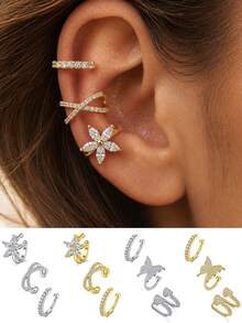 CIZME 3pcs Minimalist 14K Ear Cuff Set Flower Butterfly Cubic Zirconia Ear Clip Earrings, No Piercing Needed, Suitable For Daily Office Wear Gift For Her - Golden and Silvery - View 1