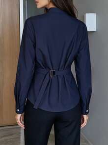 minisummer Women Fall Navy Mandarin Collar Waist Belt Shirt, Adjustable Buckle Back Strap Slim Fit Long Sleeve Office Blouse - Royal Blue - View 3