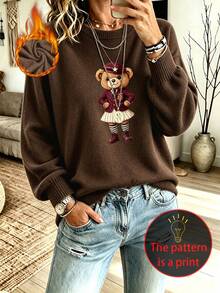 Women's Plus-Size Casual, Cute Faux-Knit Sweater Featuring A Preppy-Style Bear Graphic; Versatile And Perfect For Everyday Wear In Autumn And Winter. - Brown - View 5