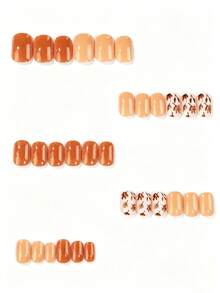 30pcs Short Square Autumn Theme Fake Nails, Orange Amber Gradient Cat ...