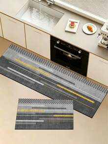 1 Pc Gray Paired With Gold Lines Pattern Kitchen Mat, 3.5 Mm Soft Rubber That Absorbs Water And Is Easy To Clean. Suitable For Corridors, Bathrooms, Living Rooms, Outdoor Door Mats, And Toilets. Useable Throughout The Year And For Various Holidays. - Multicolor - View 2