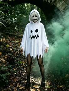1pc Halloween Ghost Hooded Costume Adult Funny Pumpkin Face Cape Cosplay Outfit Prop - White - View 7
