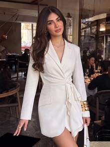 Da Jade Women Fall Winter New Notch Lapel Long Sleeve Wrap Tie Waist Asymmetrical Ruffle Hem Mini Dress Smart Casual Office Date Night Gathering Outfit - Apricot - View 5