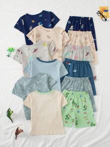 Bộ đồ ngủ bé trai 6 set, 1 set ngẫu nhiên, họa tiết hoạt hình máy xúc, cotton nguyên chất, tay ngắn quần short, mặc nhà thường ngày, in toàn thân - Nhiều màu - Xem 2