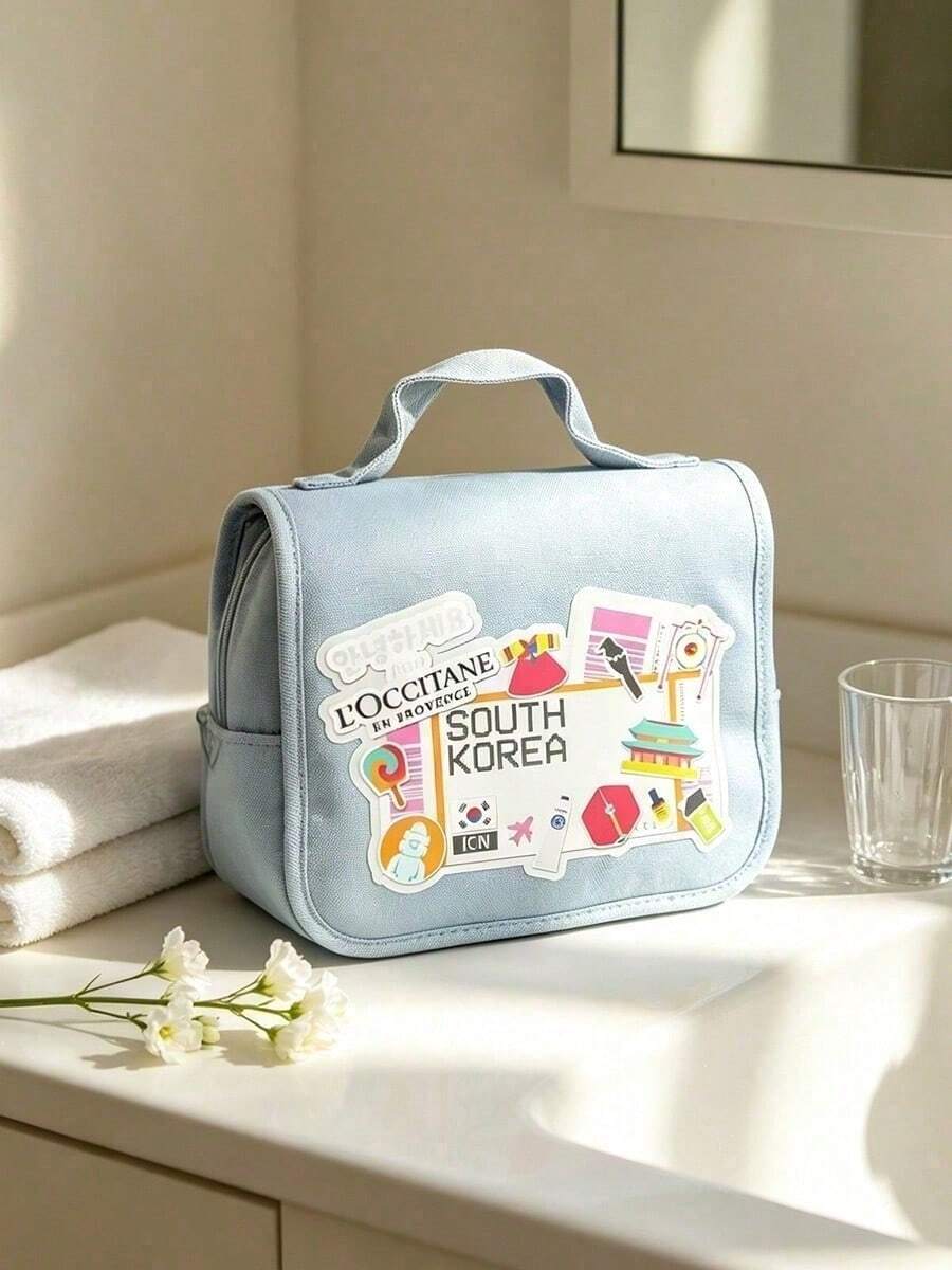 L'Occitane Women's Soft Fabric Zipper Makeup Bag, Daily Cosmetic Storage Bag, Waterproof Travel Toiletry Bag, 3 Design Options, Skincare Gift Set - Dusty Blue - View 1