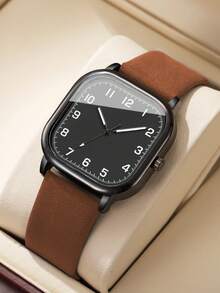 Men's Leather Strap Fashion Casual Square Minimalist Digital Scale Dial Classic Quartz Wrist Watch (1pc/Set) Watch Box Not Included - Brown - View 8