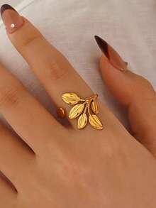 2pcs/Set Stainless Steel 18K Gold Plated Minimalist Leaf Ring Set Suitable For Women's Daily Wear And Shopping - Multicolor - View 3