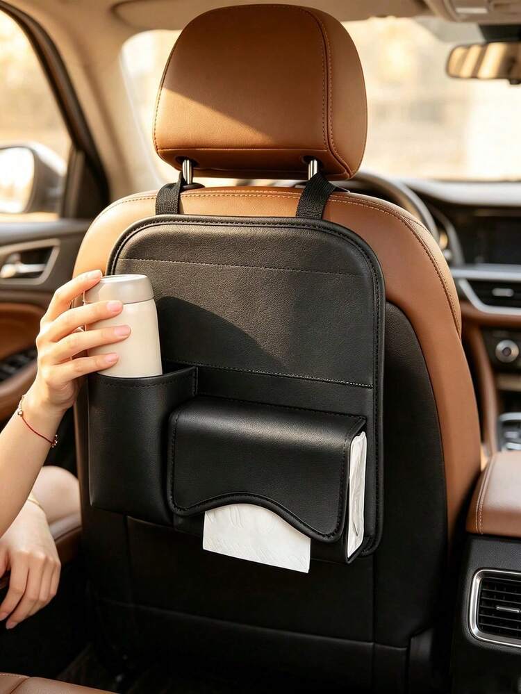 1件 PU皮革汽車座椅背收納袋，多口袋懸掛式收納包，內置面紙盒架，實用汽車內飾配件，可用於存放紙巾、水杯和小雜物，通用於大多數車型 - 彩色 - 查看 11