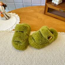 Children's Green Plush Slippers, Open Toe Plush House Slippers With Strap, Toddler Warm Soft Sole Anti-Slip Winter Indoor Shoes - Green - View 8
