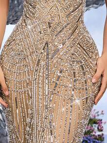 LUVISTRUE Women's Romantic Glamorous Runway Style Sleeveless Mesh Sequin Mermaid Long Formal Evening Gown, Suitable For Prom, Homecoming, Graduation, Wedding Guest, Cocktail Party - Champagne - View 8