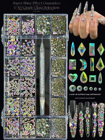 KIRAME Set de 21 Rejillas DIY de Arte de Uñas K9 Vidrio AB Piedras de Imitación Planas - 30 Piedras de Imitación de Alto Brillo por Rejilla, Incluye 1 Bolígrafo para Piedras de Imitación, Gemas para Uñas, Salón de Uñas, Arte de Uñas en Casa, Suministros para Uñas, Arte de Uñas de Navidad & Año Nuevo, Regalo de Vacaciones