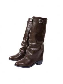 planare New Women's Fashion Ruched Brown Tall Boots With Metal Buckle Vintage Slip-On Pointed Toe Chunky Heel Western Cowboy Boots - Brown - View 12