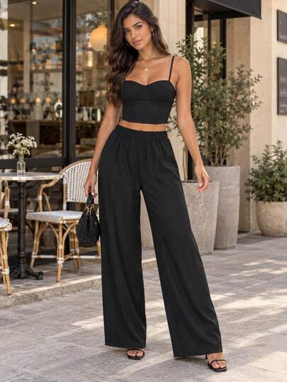 Women's Black Spaghetti Strap Backless Crop Top + High Waist Wide Leg Pocket Long Pants 2 Pieces Set