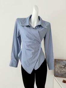 YUXIN Women's Blue Striped Wrap Shirt Collared Asymmetric Button Front Self Tie Back Fitted Elegant Top For Office Date Dinner Fall Daily Wear - Blue Bar - View 8