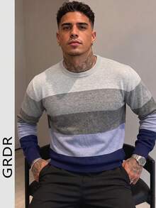 GRDR Men's Round Neck Casual Colorblock Long Sleeve Knit Sweater - Blue - View 7