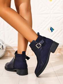 Women's Autumn/Winter Solid Color Dual-Panel Fabric + Metal Buckle Side Zipper Design, Suitable For Daily Commute And Gatherings, Pairs Elegantly With Coats + Skirts, Versatile For Multiple Styles, Comfortable Flat Sole, Suitable For Long-Term Wear, Breathable Fabric Lining, Easy-To-Clean Upper, Fashionable British Autumn Ankle Boots - Navy Blue - View 6