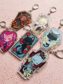 1/6pcs Gothic Coffin Sleeping Cat Acrylic Keychain, Dark Aesthetic Gothic Style, Floral Tombstone Frame & Anime Cat Girl Cat Design, Backpack & Shoulder Bag Charm, Car Key Ring Accessory, Ideal Gift For Cat Lovers & Anime Fans - Multicolor - View 4