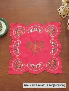 1pc 100% Polyester Embroidered Christmas Table Runner, Red Hollow Cutwork Candle Design Table Scarf, Xmas Holiday Dining Table Centerpiece Decor - Red - View 7