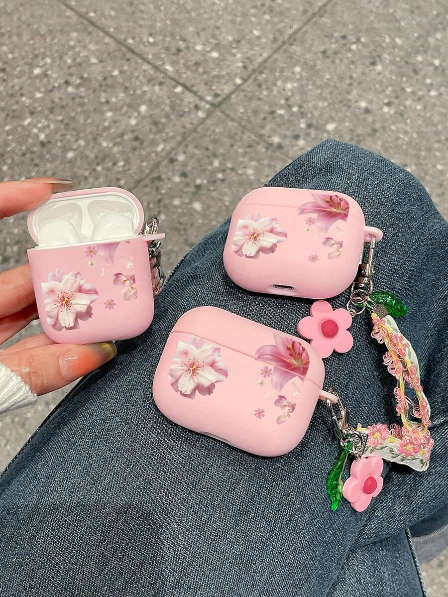 1件櫻花與百合花卉印花粉色無線藍牙耳機保護殼，耳機保護套，花卉耳機殼，附花卉布料掛繩吊飾，全包覆軟殼，便攜防丟，清新少女Ins風，適合個人使用與生日禮物，兼容耳機殼，快速出貨花卉耳機保護殼櫻花與百合耳機殼少女風耳機殼Ins風耳機殼生日禮物