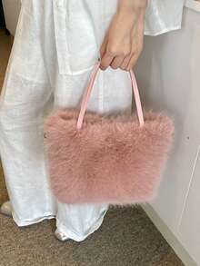 Faux Fur Tote Bag Women's Bucket Plush Luxury Design Ladies Handbags Soft Winter Crossbody Shoulder Bags - Pink - View 3