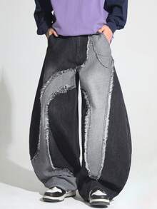 1pc Japanese Street Style Patchwork Raw Edge Men's Curved Leg Wide Leg Loose Comfortable Casual Fashion All-Season Versatile Commute Denim Pants - No Belt & Accessories - Black - View 4
