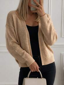 Camel Minimalist Lightweight Soft Plush Knit Cardigan, Long Sleeve Drop Shoulder Casual Sweater, Suitable For Autumn - Camel - View 2