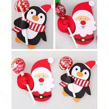 10pcs/50pcs Christmas Candy Packaging, Santa Claus & Penguin Lollipop Paper Card Decoration - Multicolor - View 2