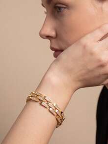 1pc Luxury Elegant Sparkling Cubic Zirconia Small Round Design Bracelet Suitable For Women Wedding Banquet Wear, Gift Box Not Included - Yellow Gold - View 1