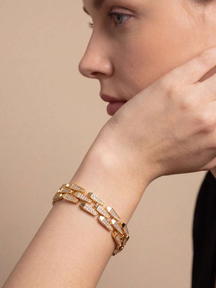 1pc Luxury Elegant Sparkling Cubic Zirconia Small Round Design Bracelet Suitable For Women Wedding Banquet Wear, Gift Box Not Included - Yellow Gold - View 1