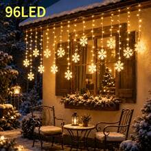 Christmas & Halloween Party Decoration Solar Powered Icicle Snowflake String Lights, Warm/Colorful/White 3 Color Modes, 4*0.6m Wave Style Hanging 16 Strands 96LEDs, 3D Hollow Snowflake Pendants, Transparent And Lightweight, Natural Snowfall Pattern, Clear Petal Outline, Soft Diffused Light, Hanging Ice & Snow Curtain Effect, Dreamy Night View - Solar Powered Snowflake Ice Bar Lights - View 3