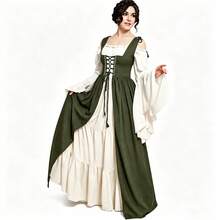 Medieval Renaissance Lace-Up Corset 2 Pieces Dress, Halloween Cosplay Performance Full Skirt Long Dress, Solid Color Drawstring - Olive Green - View 1