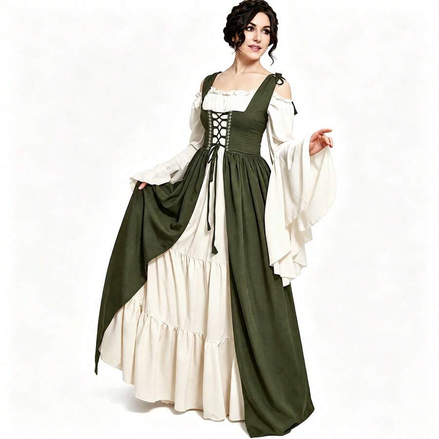 Medieval Renaissance Lace-Up Corset 2 Pieces Dress, Halloween Cosplay Performance Full Skirt Long Dress, Solid Color Drawstring - Olive Green - View 1