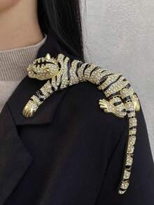1pc Fashion Rhinestone Cartoon Tiger Enamel Large Brooch, Women's Spring/Autumn Luxury Sparkling Crystal Elegant Shoulder Pin - Gold - View 1