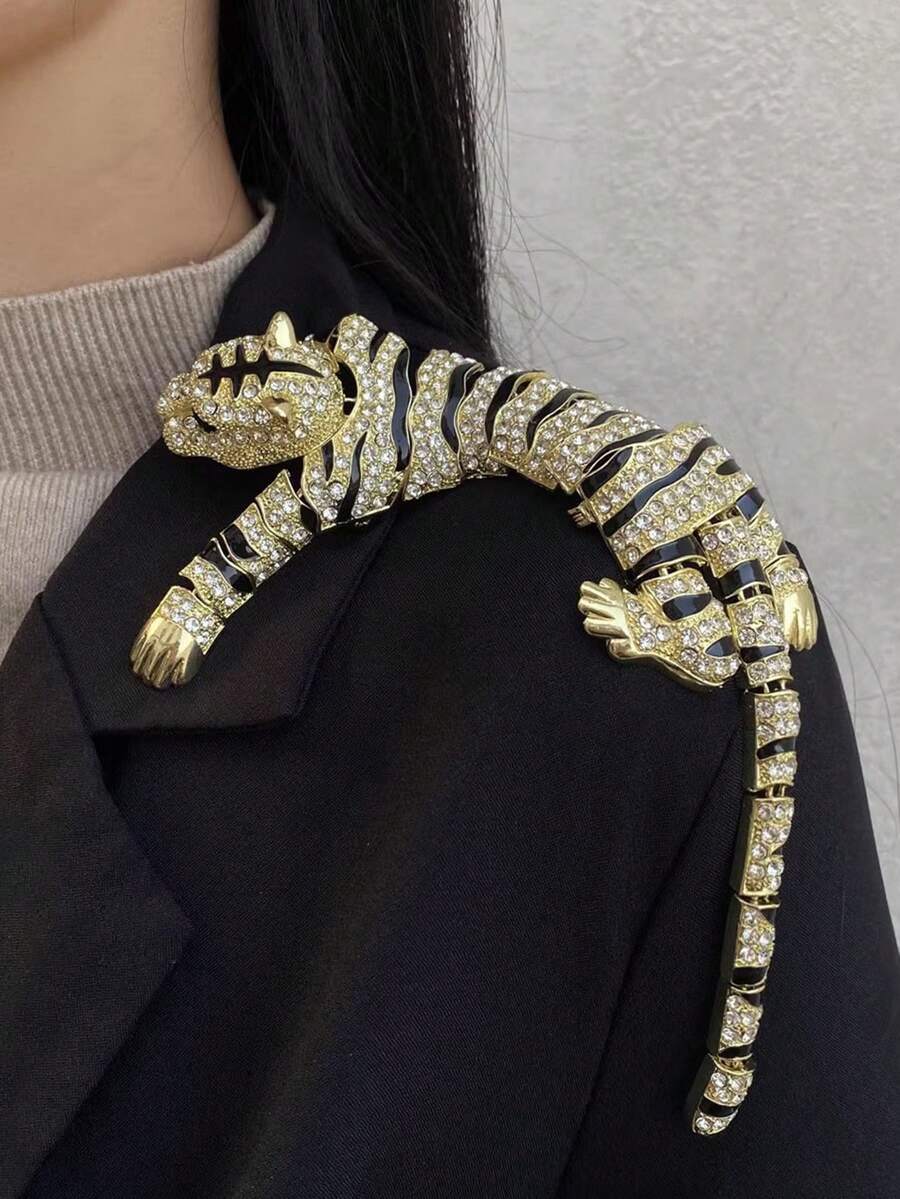1pc Fashion Rhinestone Cartoon Tiger Enamel Large Brooch, Women's Spring/Autumn Luxury Sparkling Crystal Elegant Shoulder Pin - Gold - View 1