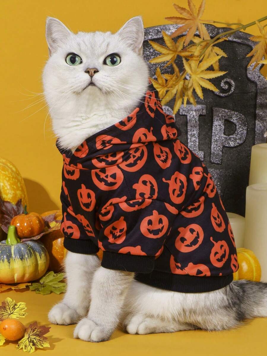 LUCKIE PAW 1pc Halloween Ghost Pattern Pet Sweatshirt, Anti-Flea, Reduce Shedding, Warm & Breathable Dog Vest, Suitable For Small And Large Dogs & Cats, Indoor & Outdoor - Black - View 1
