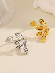 2pcs/Set Stainless Steel 18K Gold Plated Minimalist Leaf Ring Set Suitable For Women's Daily Wear And Shopping - Multicolor - View 6