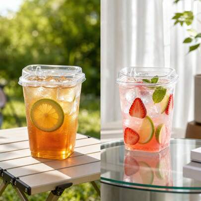 1/10/20/30/40/50/100pcs Square Anti-Tip Beverage Cups 500ml, Iced Coffee Cups, Smoothie Cups, Tea, Milkshake, Soda And Water, Suitable For Outdoor Parties, Wedding Parties, Thanksgiving, Halloween, Christmas, Daily Cold Drinks, Ideal For Fast Food Beverage Shops Self-Service Cup Stations And Car Outdoor Scenarios