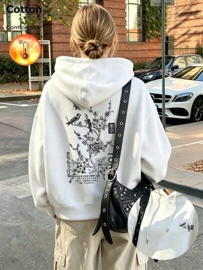 Women's Cotton Hooded Sweatshirt, Autumn/Winter Fleece Lined Long Sleeve Loose Fit Sweatshirt, Floral And Bird Back Graphic, Casual Streetwear Style