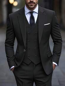 Men's 3 Pieces Suit Set Jacket, Pants And Vest, Fashion Formal Suit For Wedding And Party - Black - View 1
