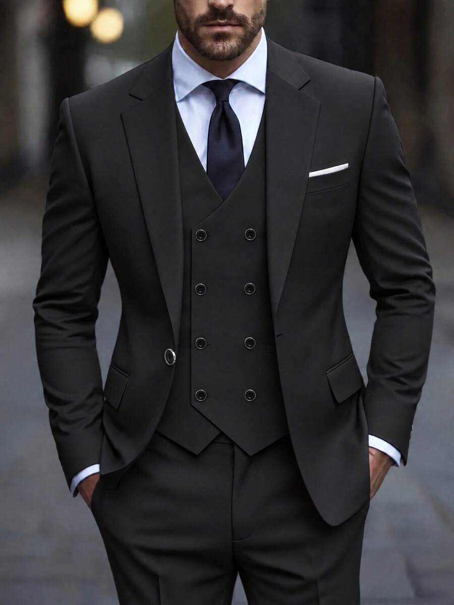 Men's 3 Pieces Suit Set Jacket, Pants And Vest, Fashion Formal Suit For Wedding And Party - Black - View 1