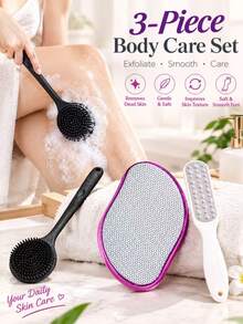 3-Piece Matte Body Care Set, Long Handle Brush, Foot File And Skin Smoothing Tool - Multicolor - View 1