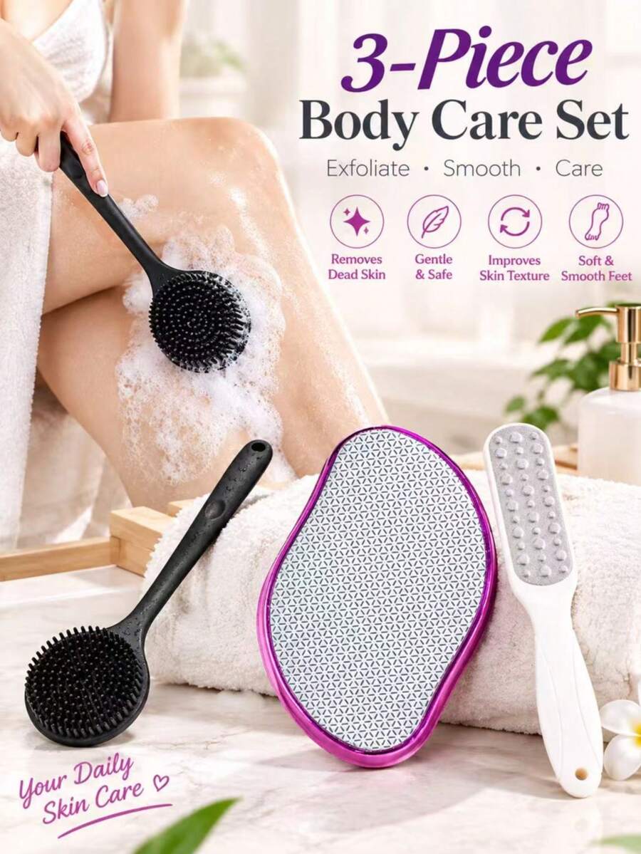 3-Piece Matte Body Care Set, Long Handle Brush, Foot File And Skin Smoothing Tool - Multicolor - View 1