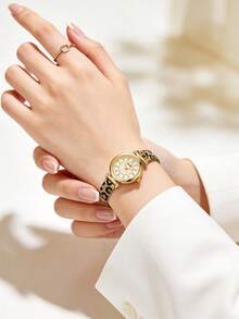 SUNLIFEX 1件女士優雅復古石英手錶，金色合金錶殼，金色圓形錶盤，豹紋金屬網狀錶帶輕奢手錶 - 金色 - 查看 4