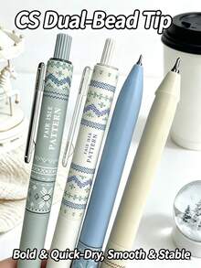 1/4pcs Winter Limited Fair Isle Sweater Pattern Quiet Click Neutral Pens, 4pcs Gift Box Set Ballpoint Pens, Quick-Drying Black Ink Pens, Vintage Mori Style High-Value Student Exam Prep Planner Stationery, Office And Study Supplies - Christmas Collection - View 7