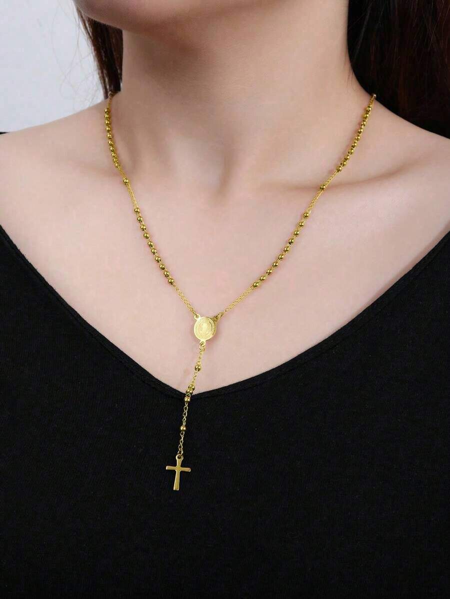 1件女款項鍊,金色不鏽鋼防水防褪色低過敏,圓盤十字珠飾吊墜,精緻復古百搭項鍊,秋季風格日常通勤穿搭 - 金色 - 查看 1